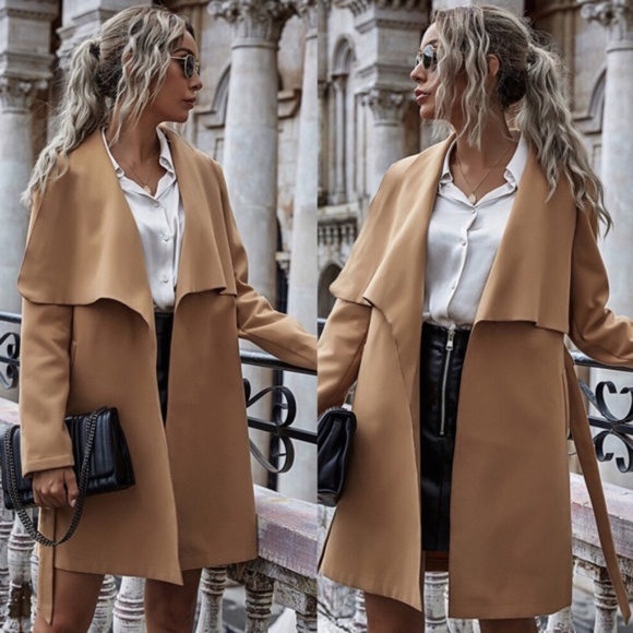 Boho camel wide collar jacket coat with belt - Picture 4 of 5